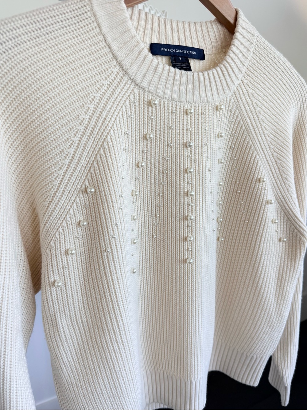 French Connection Cream Pearl-Detail Ribbed Crewneck Sweater - Picture 3 of 5